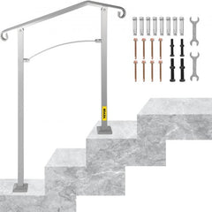 Silver alloy metal outdoor stair railing for 2-3 steps with adjustable height and sturdy support.