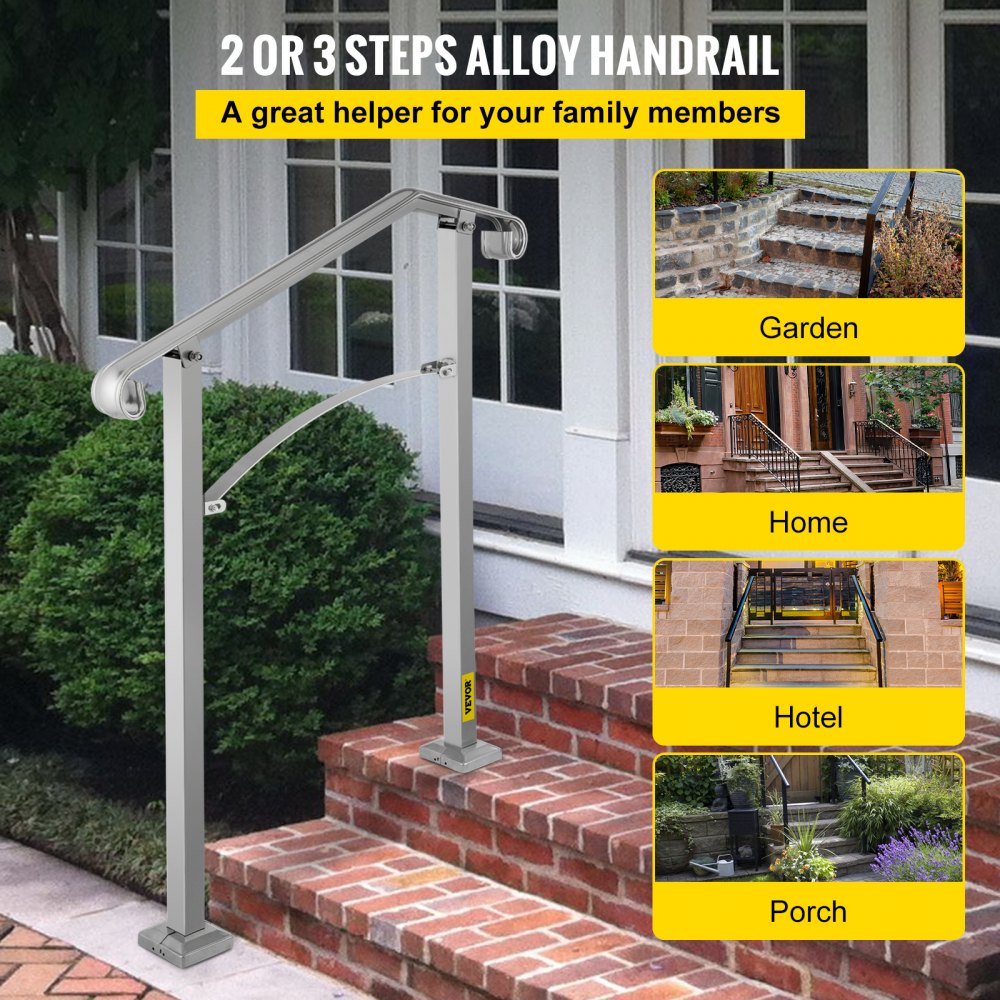 Silver alloy metal outdoor stair railing for 2-3 steps with adjustable height and sturdy design.