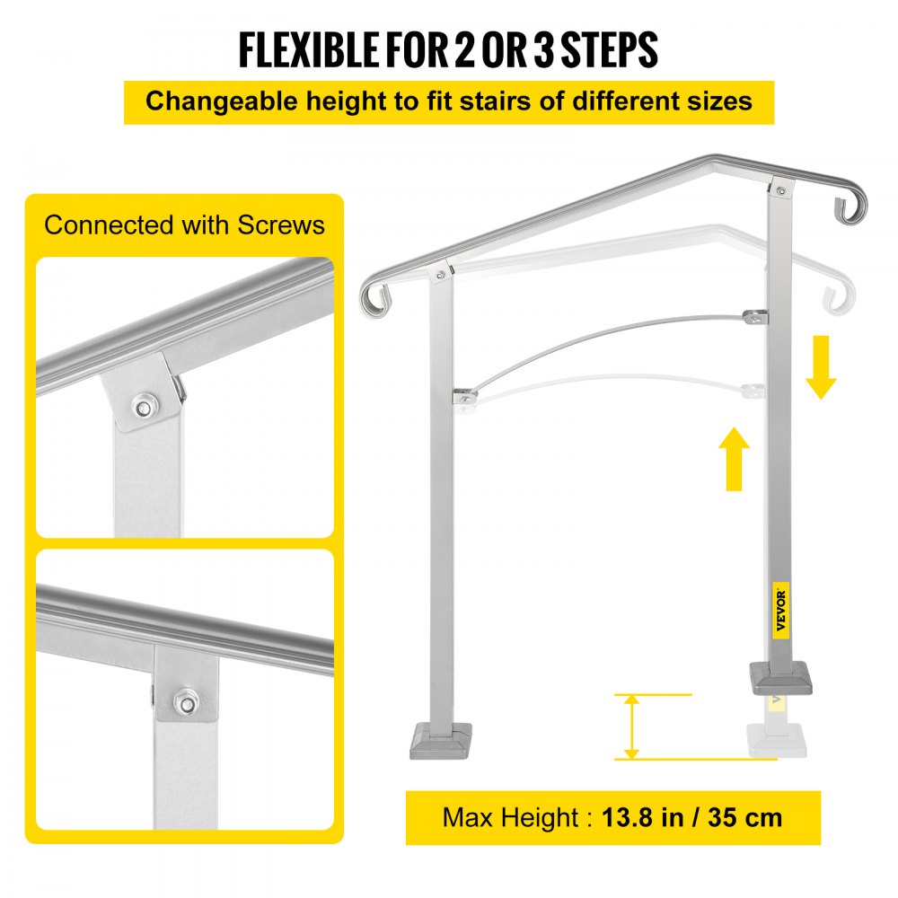 Silver alloy metal outdoor stair railing for 2-3 steps with adjustable height.