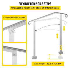 Silver alloy metal outdoor stair railing for 2-3 steps with adjustable height.