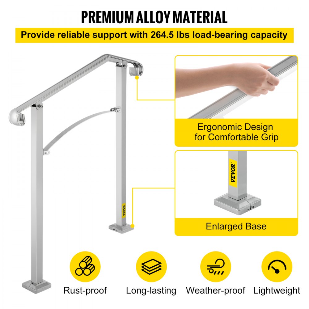 Silver alloy metal outdoor stair railing designed for 2-3 steps with adjustable height.