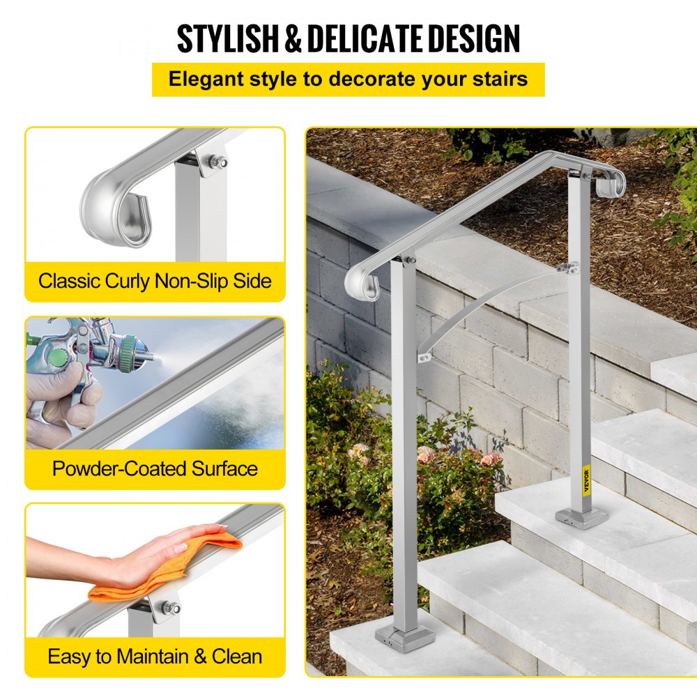 Silver alloy metal outdoor stair railing for 2-3 steps with adjustable height.
