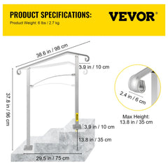 Silver alloy metal outdoor stair railing for 2-3 steps with adjustable height.