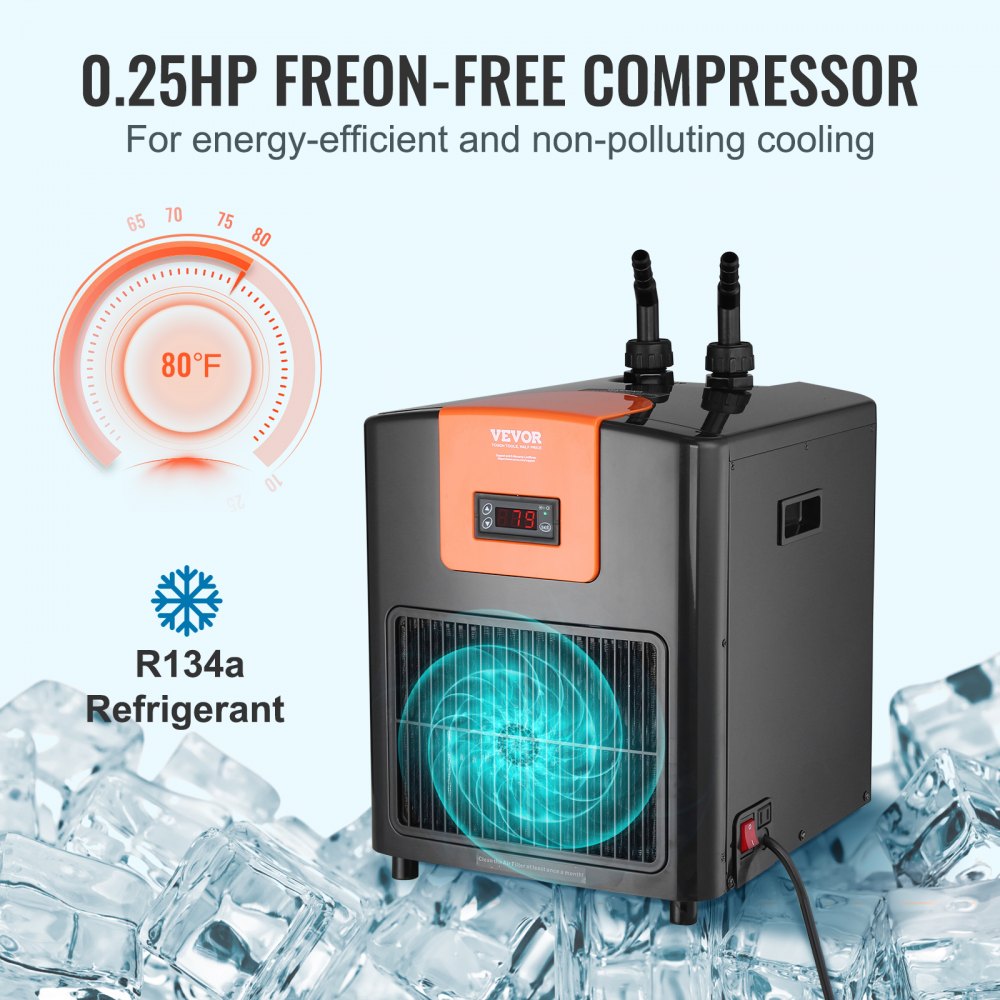 Aquarium Chiller, 92 Gal 348 L, 1/4 HP Hydroponic Water Chiller, Quiet Refrigeration Compressor for Seawater and Fresh Water, Fish Tank Cooling System with Pump/Hose, for Jellyfish, Coral Reef