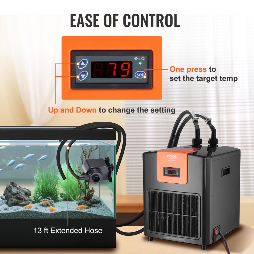 Aquarium Chiller, 92 Gal 348 L, 1/4 HP Hydroponic Water Chiller, Quiet Refrigeration Compressor for Seawater and Fresh Water, Fish Tank Cooling System with Pump/Hose, for Jellyfish, Coral Reef