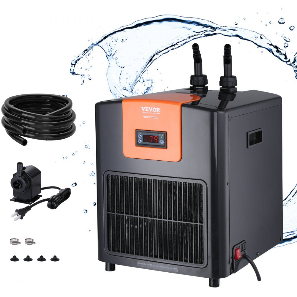 Aquarium Chiller, 92 Gal 348 L, 1/4 HP Hydroponic Water Chiller, Quiet Refrigeration Compressor for Seawater and Fresh Water, Fish Tank Cooling System with Pump/Hose, for Jellyfish, Coral Reef