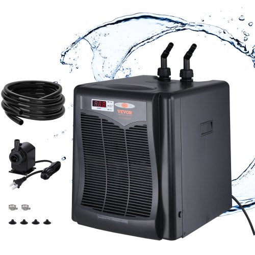 Black Bostome aquarium chiller unit with digital display, hoses, pump, and water graphics for 110-gallon tanks.