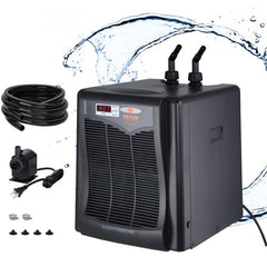 Black Bostome aquarium chiller unit with digital display, hoses, pump, and water graphics for 110-gallon tanks.