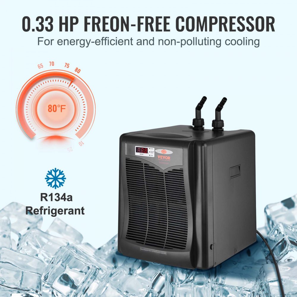 Black Bostome aquarium chiller with 0.33 HP Freon-free compressor for 110-gallon fish tanks.