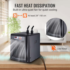 Gray Bostome aquarium chiller with digital display, hoses, and quiet fan for 110-gallon tanks.