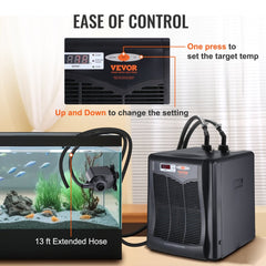Bostome aquarium chiller with digital controls, 13 ft hose, and connected to a 110-gallon fish tank.