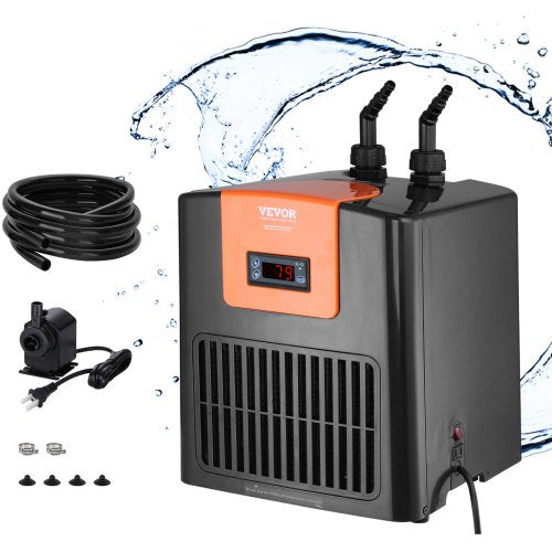 Bostome 52 Gal aquarium chiller with 1/10 HP compressor, digital display, pump, and hoses.