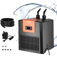 Bostome 52 Gal aquarium chiller with 1/10 HP compressor, digital display, pump, and hoses.