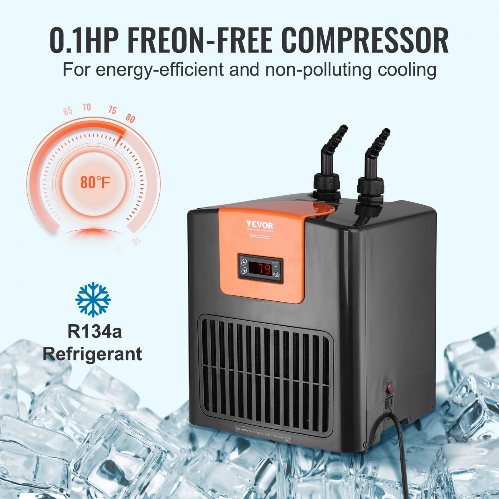 Orange Bostome 52 Gal aquarium chiller with 0.1 HP compressor, R134a refrigerant, digital display, and ventilation.