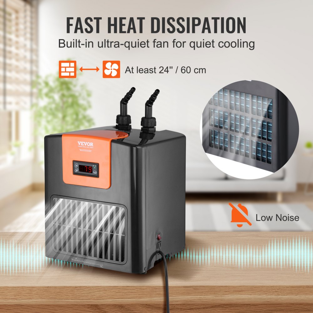 Compact aquarium chiller with quiet compressor and built-in fan for heat dissipation.