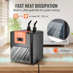 Compact aquarium chiller with quiet compressor and built-in fan for heat dissipation.