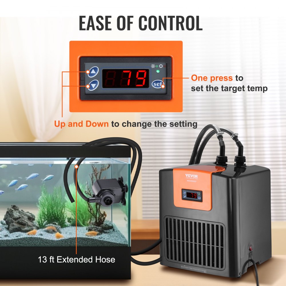 Aquarium chiller with digital control panel, pump, and 13 ft hose for 52 gal fish tank.