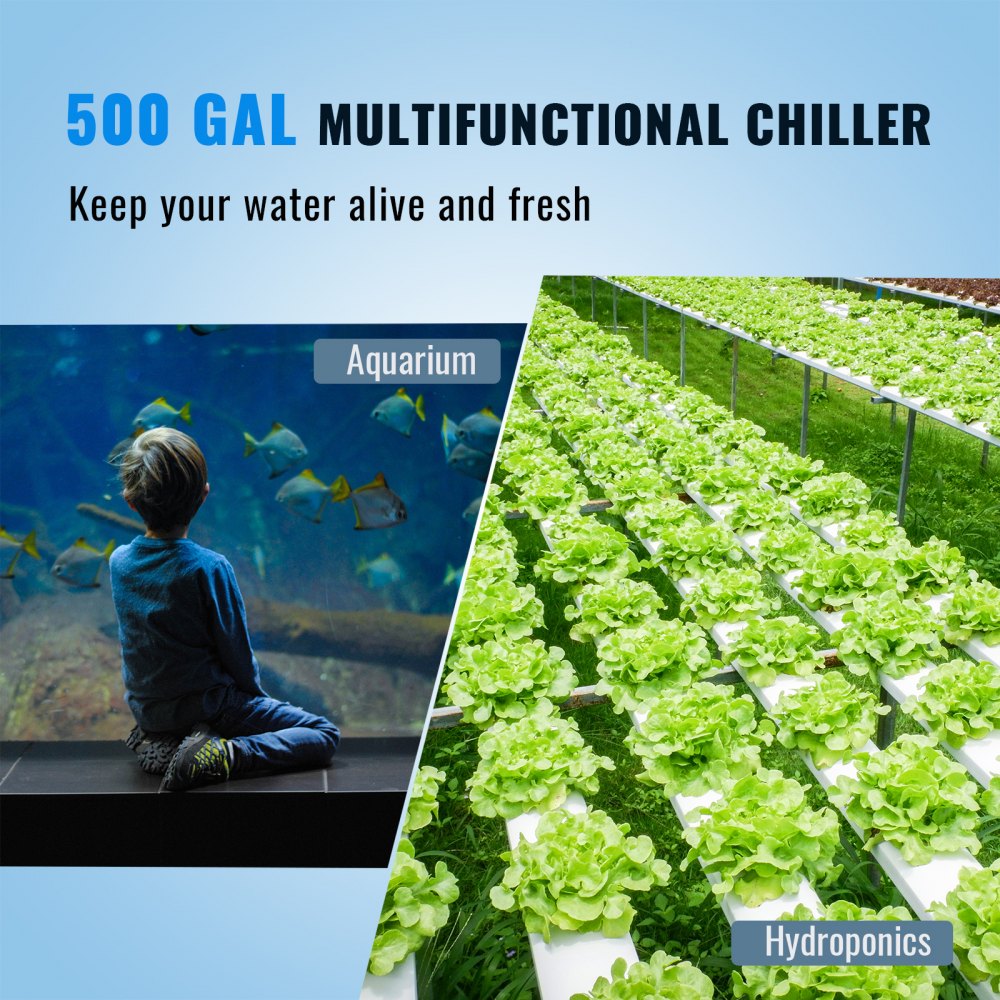 Bostome 1.5 HP titanium aquarium chiller for 500-gallon tanks, shown with aquarium and hydroponics setups.