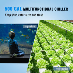 Bostome 1.5 HP titanium aquarium chiller for 500-gallon tanks, shown with aquarium and hydroponics setups.