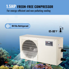 White 1.5 HP aquarium chiller with digital display, fan, and titanium evaporator for 500-gallon tanks.