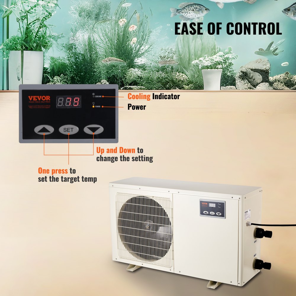 Bostome 1.5 HP aquarium chiller with digital control panel and titanium evaporator for 500-gallon tanks.