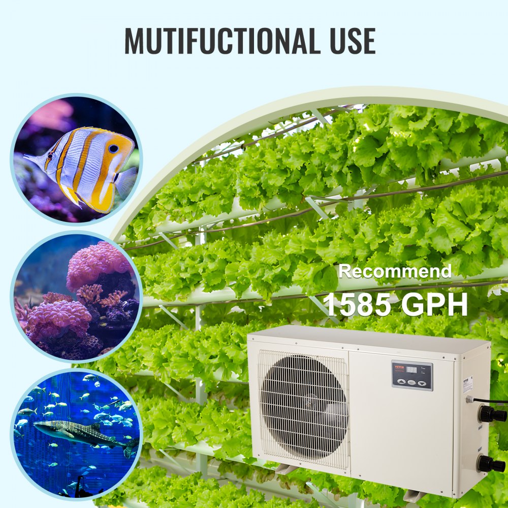 White 1.5 HP aquarium chiller unit with titanium evaporator, shown in hydroponic and marine setups.