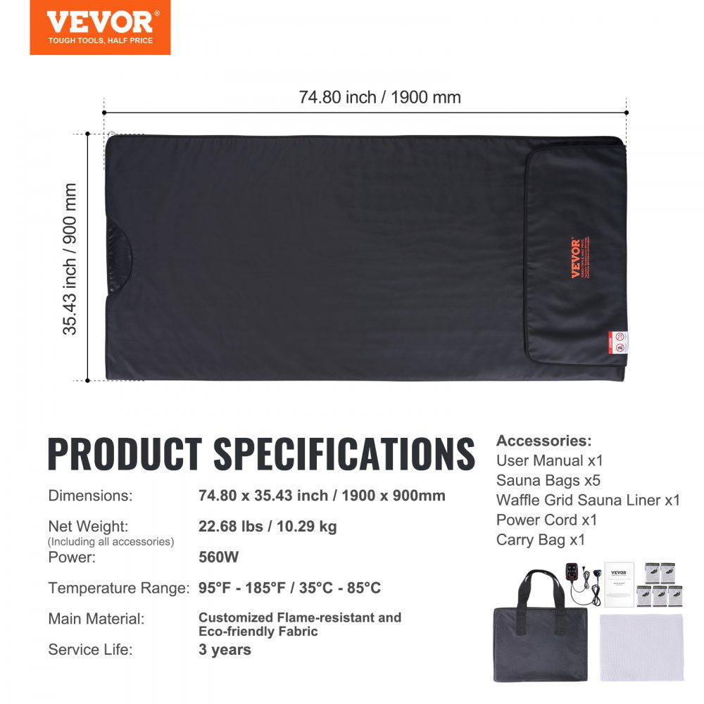 Sauna Blanket for Detoxification, Portable Far Infrared Sauna for Home, PU Sauna Bag w/  Therapy Stones & Carbon Fiber Heating, 1-6 Level Adjustable Temp 95-185℉, 1-60 Minutes Timer, 75 x 35in