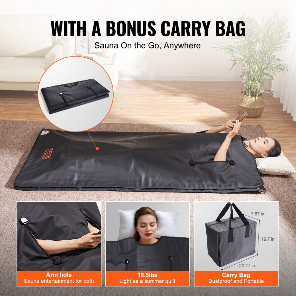 Sauna Blanket for Detoxification, Portable Far Infrared Sauna for Home with Arm Holes for Comfort, 1-6 Level Adjustable Temprature Rannge 95-185℉, 1-60 Minutes Timer, Carbon Fiber Heating
