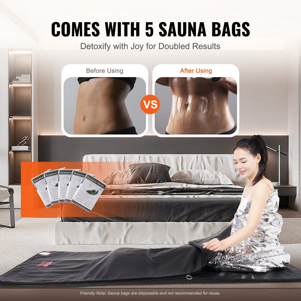 Sauna Blanket for Detoxification, Portable Far Infrared Sauna for Home Relaxation, 1-6 Level Adjustable Temprature Rannge 95-185℉, 1-60 Minutes Timer, Far Infrared Carbon Heating Sauna Bag
