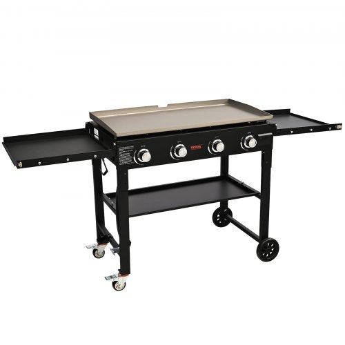 Commercial Griddle on Cart, 36" Heavy Duty Manual Flat Top Griddle, Outdoor Cooking Station with Side Shelves, Steel LPG Gas Griddle, 4-Burners Restaurant Portable Grill -  60,000 BTU