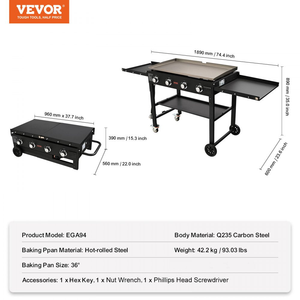 Commercial Griddle on Cart, 36" Heavy Duty Manual Flat Top Griddle, Outdoor Cooking Station with Side Shelves, Steel LPG Gas Griddle, 4-Burners Restaurant Portable Grill -  60,000 BTU