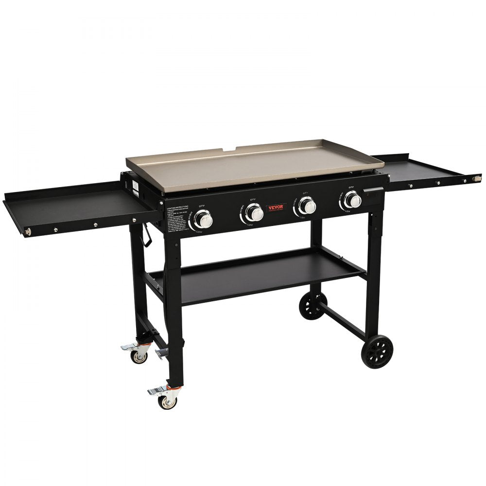 Commercial Griddle on Cart, 36" Heavy Duty Manual Flat Top Griddle, Outdoor Cooking Station with Side Shelves, Steel LPG Gas Griddle, 4-Burners Restaurant Portable Grill -  60,000 BTU