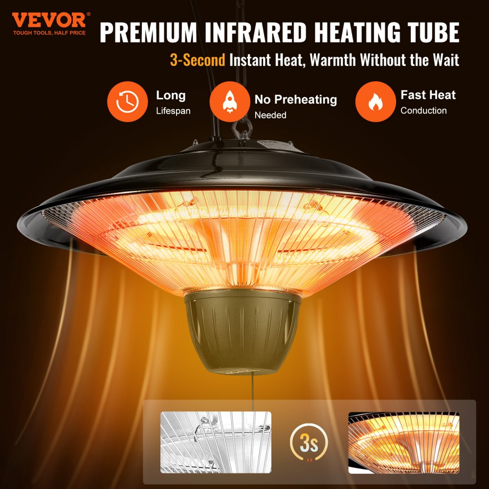 Hanging Patio Heater, 1500W Outdoor/Indoor Electric Space Infrared Heater, IP34 Protection Ceiling Heater with 23.6 inch Pull Cord & 20 inch Adjustable Chain, for Porch,Patio,Dining Room,Studio