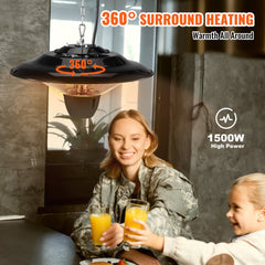 Hanging Patio Heater, 1500W Outdoor/Indoor Electric Space Infrared Heater, IP34 Protection Ceiling Heater with 23.6 inch Pull Cord & 20 inch Adjustable Chain, for Porch,Patio,Dining Room,Studio