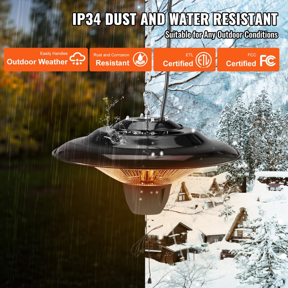 Hanging Patio Heater, 1500W Outdoor/Indoor Electric Space Infrared Heater, IP34 Protection Ceiling Heater with 23.6 inch Pull Cord & 20 inch Adjustable Chain, for Porch,Patio,Dining Room,Studio