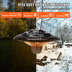 Hanging Patio Heater, 1500W Outdoor/Indoor Electric Space Infrared Heater, IP34 Protection Ceiling Heater with 23.6 inch Pull Cord & 20 inch Adjustable Chain, for Porch,Patio,Dining Room,Studio