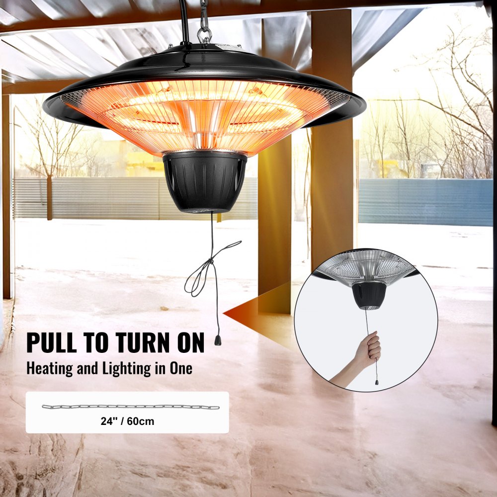 Hanging Patio Heater, 1500W Outdoor/Indoor Electric Space Infrared Heater, IP34 Protection Ceiling Heater with 23.6 inch Pull Cord & 20 inch Adjustable Chain, for Porch,Patio,Dining Room,Studio
