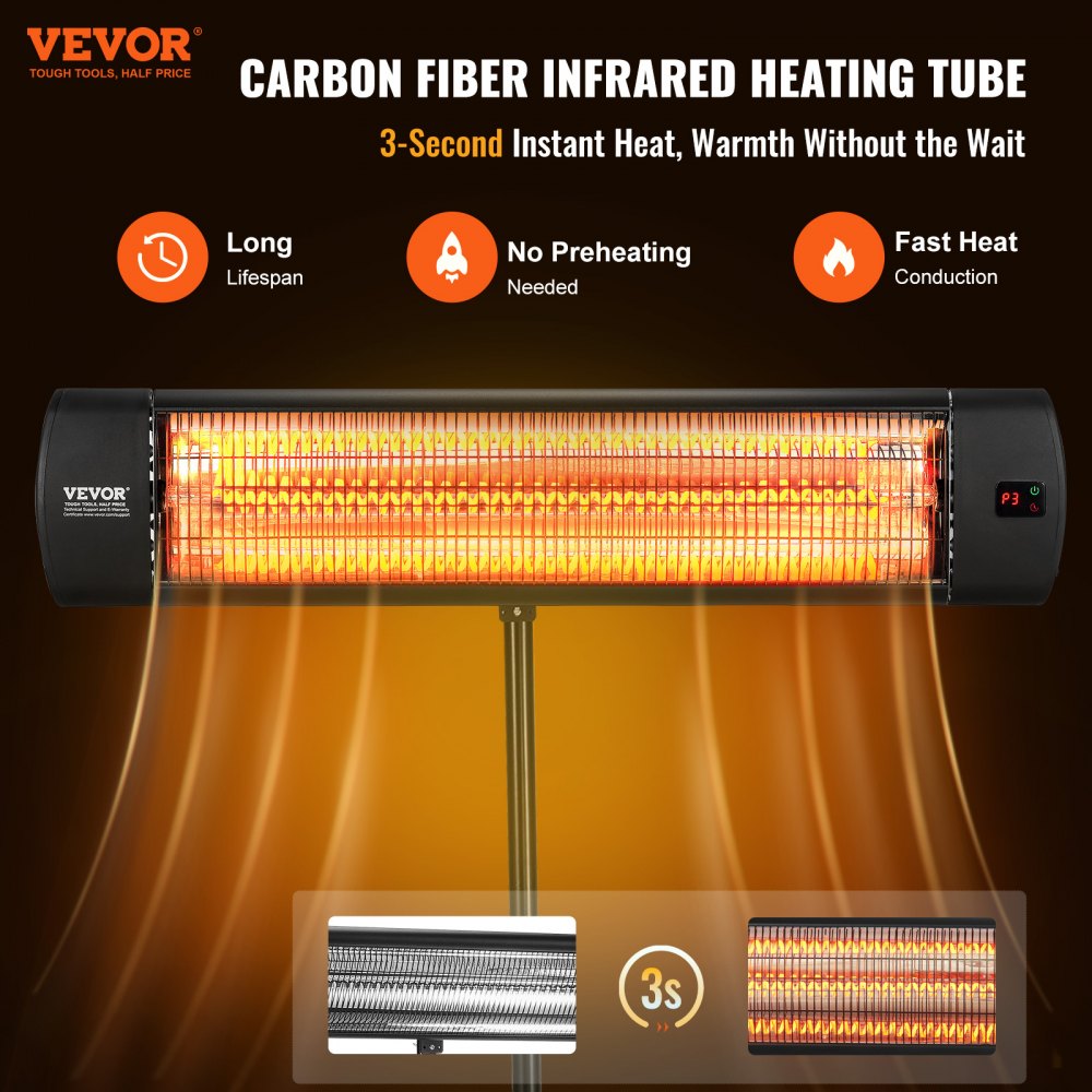 Infrared Heater, 1500W Remote Control Electric Space Heater, LED Screen Patio Heater w/ 3 Speeds & Timer, Outdoor/Outdoor for Porch,Dining Room,Studio, with Stand & Mount to Ceiling/Wall,34in L