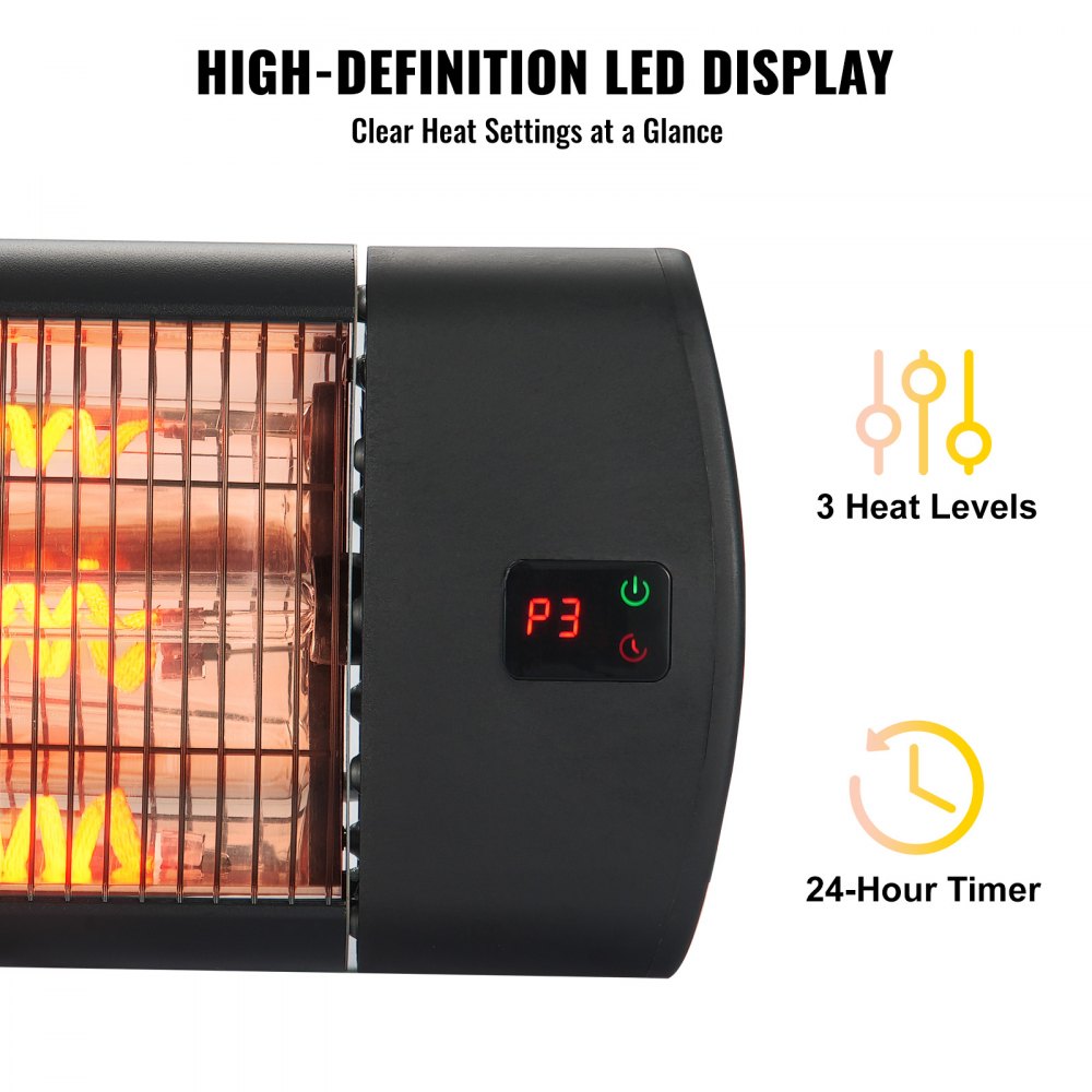 Infrared Heater, 1500W Remote Control Electric Space Heater, LED Screen Patio Heater w/ 3 Speeds & Timer, Outdoor/Outdoor for Porch,Dining Room,Studio, with Stand & Mount to Ceiling/Wall,34in L