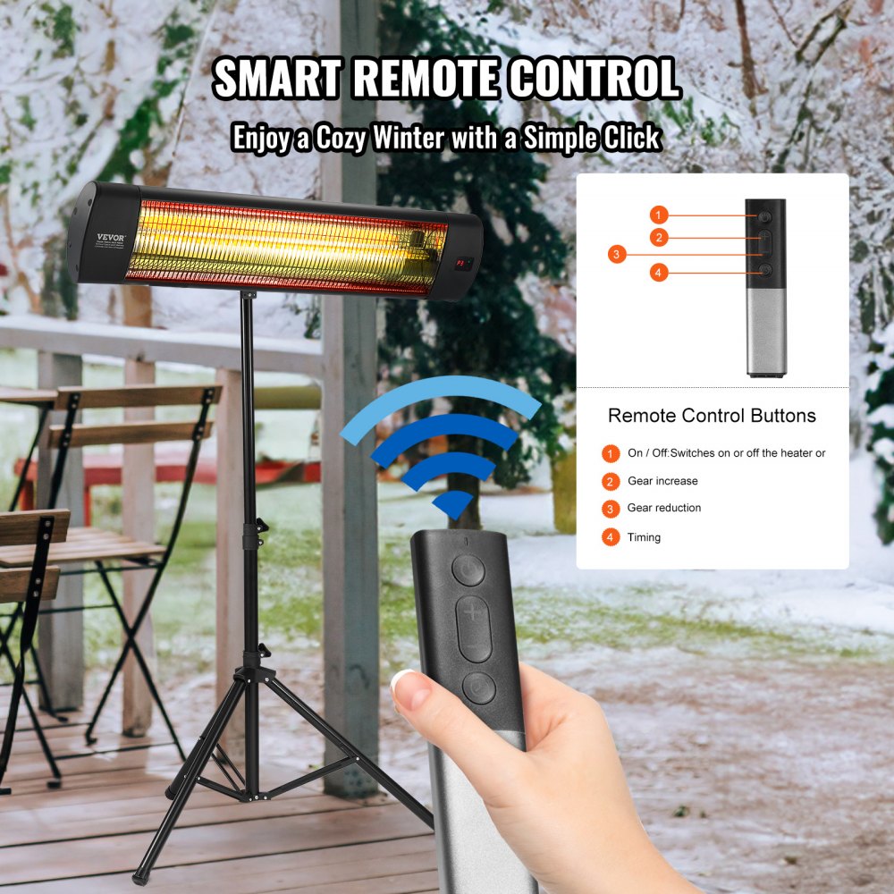 Infrared Heater, 1500W Remote Control Electric Space Heater, LED Screen Patio Heater w/ 3 Speeds & Timer, Outdoor/Outdoor for Porch,Dining Room,Studio, with Stand & Mount to Ceiling/Wall,34in L