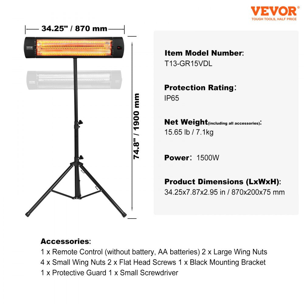 Infrared Heater, 1500W Remote Control Electric Space Heater, LED Screen Patio Heater w/ 3 Speeds & Timer, Outdoor/Outdoor for Porch,Dining Room,Studio, with Stand & Mount to Ceiling/Wall,34in L