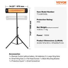 Infrared Heater, 1500W Remote Control Electric Space Heater, LED Screen Patio Heater w/ 3 Speeds & Timer, Outdoor/Outdoor for Porch,Dining Room,Studio, with Stand & Mount to Ceiling/Wall,34in L