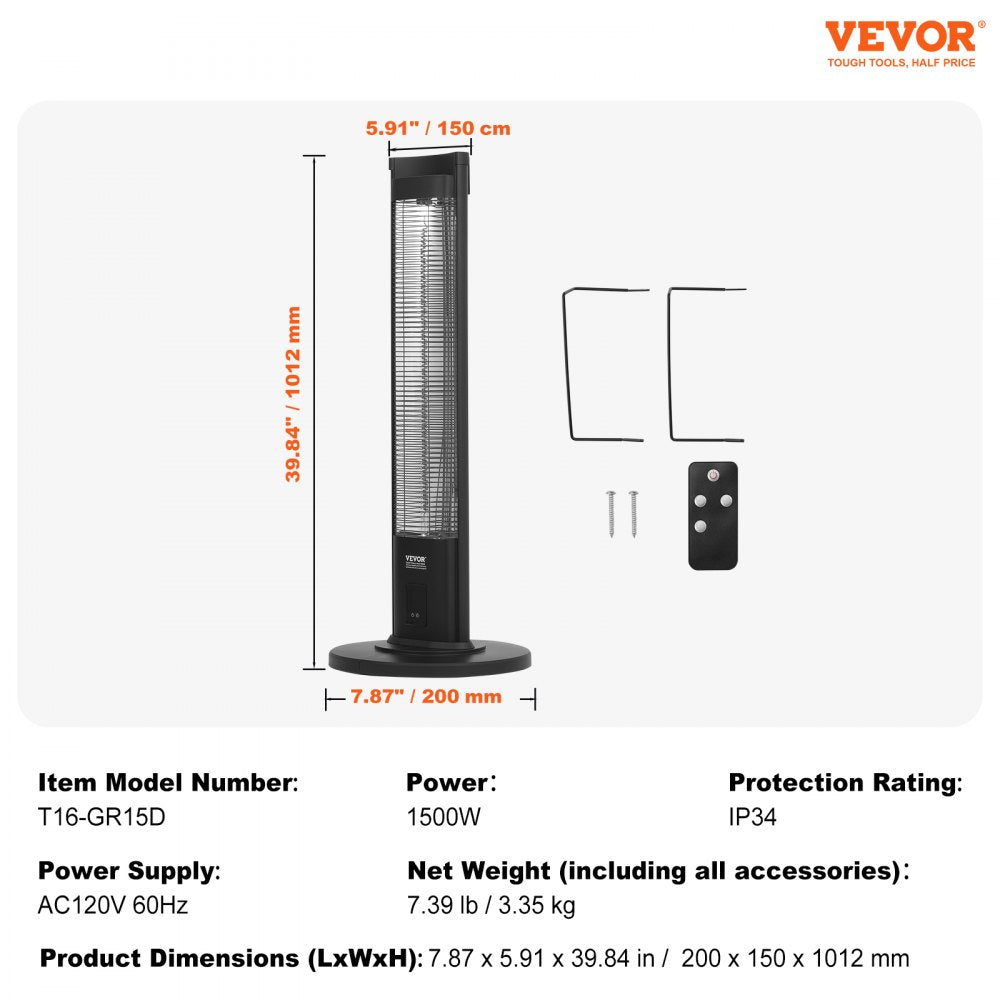 Infrared Heater, 1500W Remote Control Electric Space Heater, Patio Heater w/ 3 Speeds & Timer & Tip-Over Protection, Outdoor/Outdoor for Bedroom,Studio,Porch,Dining Room,Studio, Stand,40in L