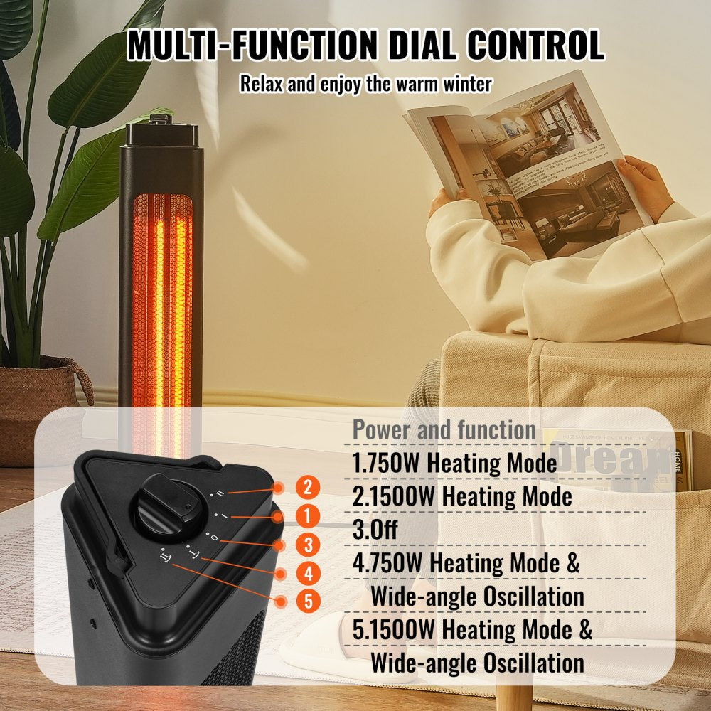 Infrared Heater, 1500W Oscillation Electric Space Heater, Patio Heater w/ 2 Speeds & Timer, Outdoor/Outdoor for Bedroom,Studio,Porch,Dining Room,Studio, Stand,31.5 in L, Black