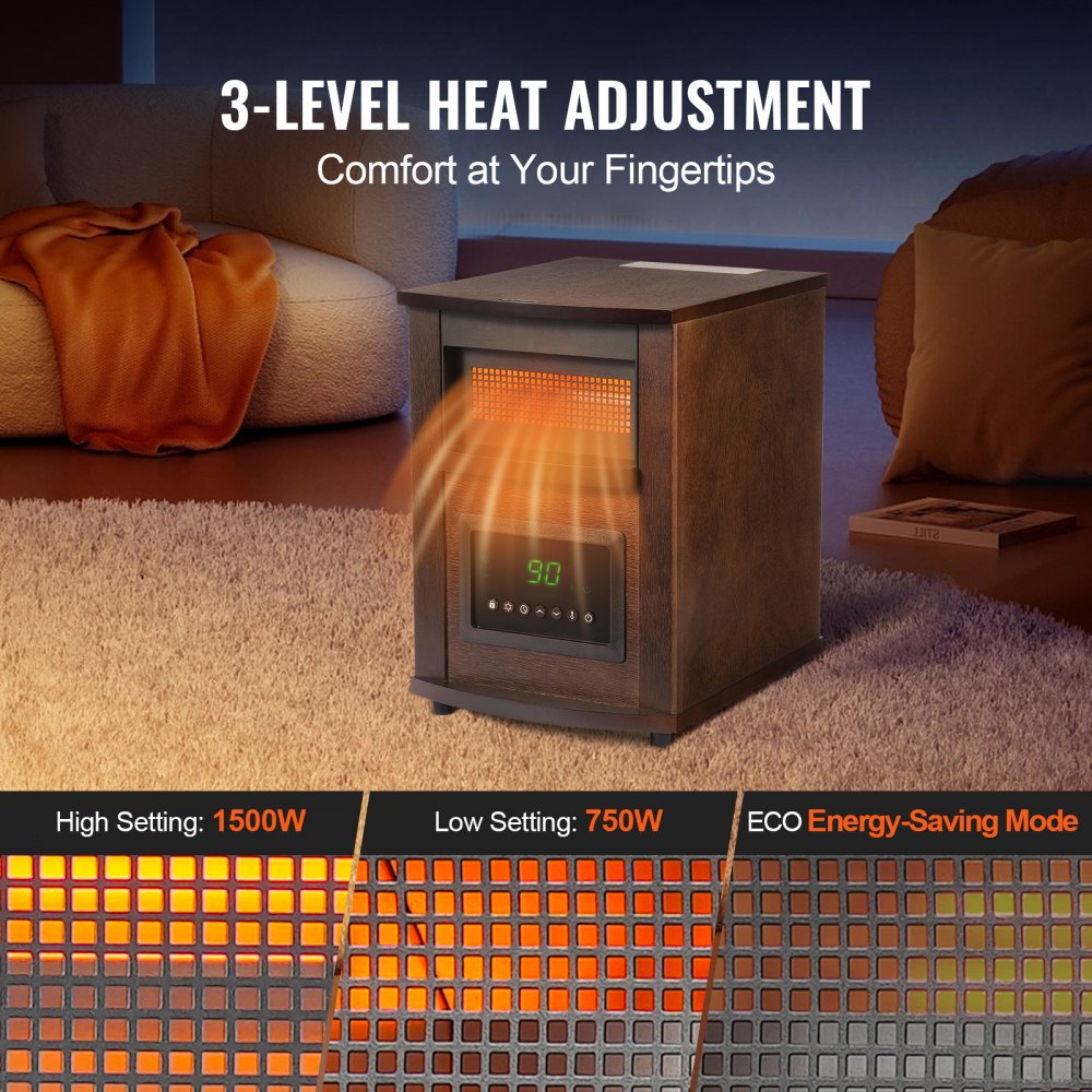 Infrared Heater, 1500W Remote Control Electric Space Heater, LED Patio Heater w/ 3 Speeds & Timer & Overheat/Tip-Over Protection & Child Lock, for Bedroom,Living Room,Nursery,Studio,MDF