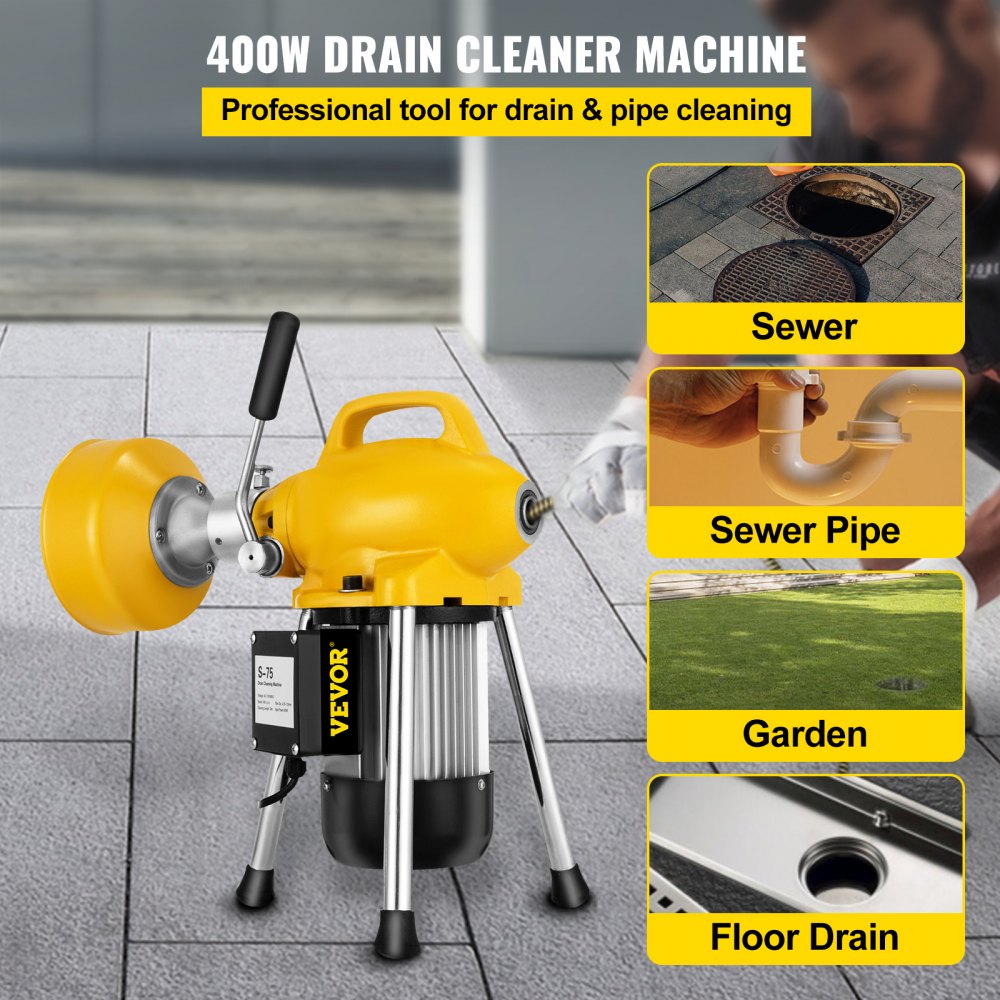 Yellow Bostome 400W electric drain cleaner machine with 100ft cable, tripod stand, and multiple cutters for 3/4"-5" pipes.