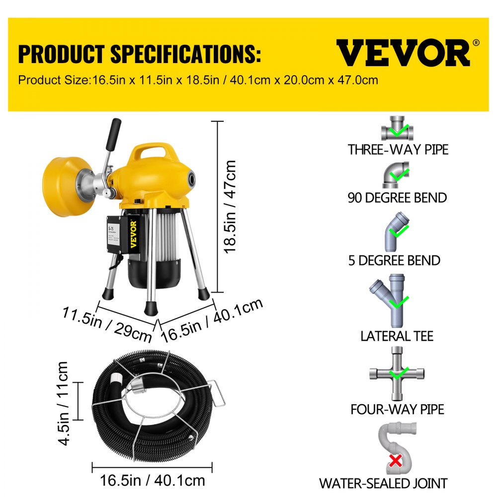 Bostome 400W electric drain cleaner with 100ft cable for 3/4"-5" pipes, showing dimensions and accessories.