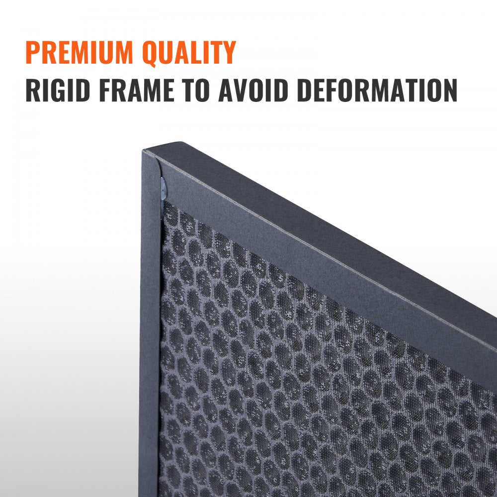 Close-up of a 16x19in activated carbon filter with rigid black frame and granular surface.