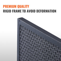 Close-up of a 16x19in activated carbon filter with rigid black frame and granular surface.