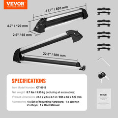 Ski Snowboard Roof Rack 31.7" Universal Ski Rack for Car Roof with Lock